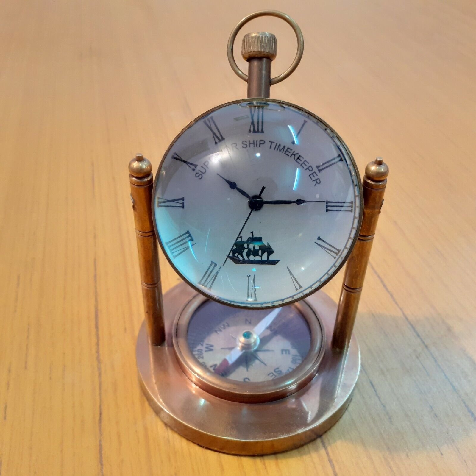 Brass Desk Clock Marine Compass Table top Decorative