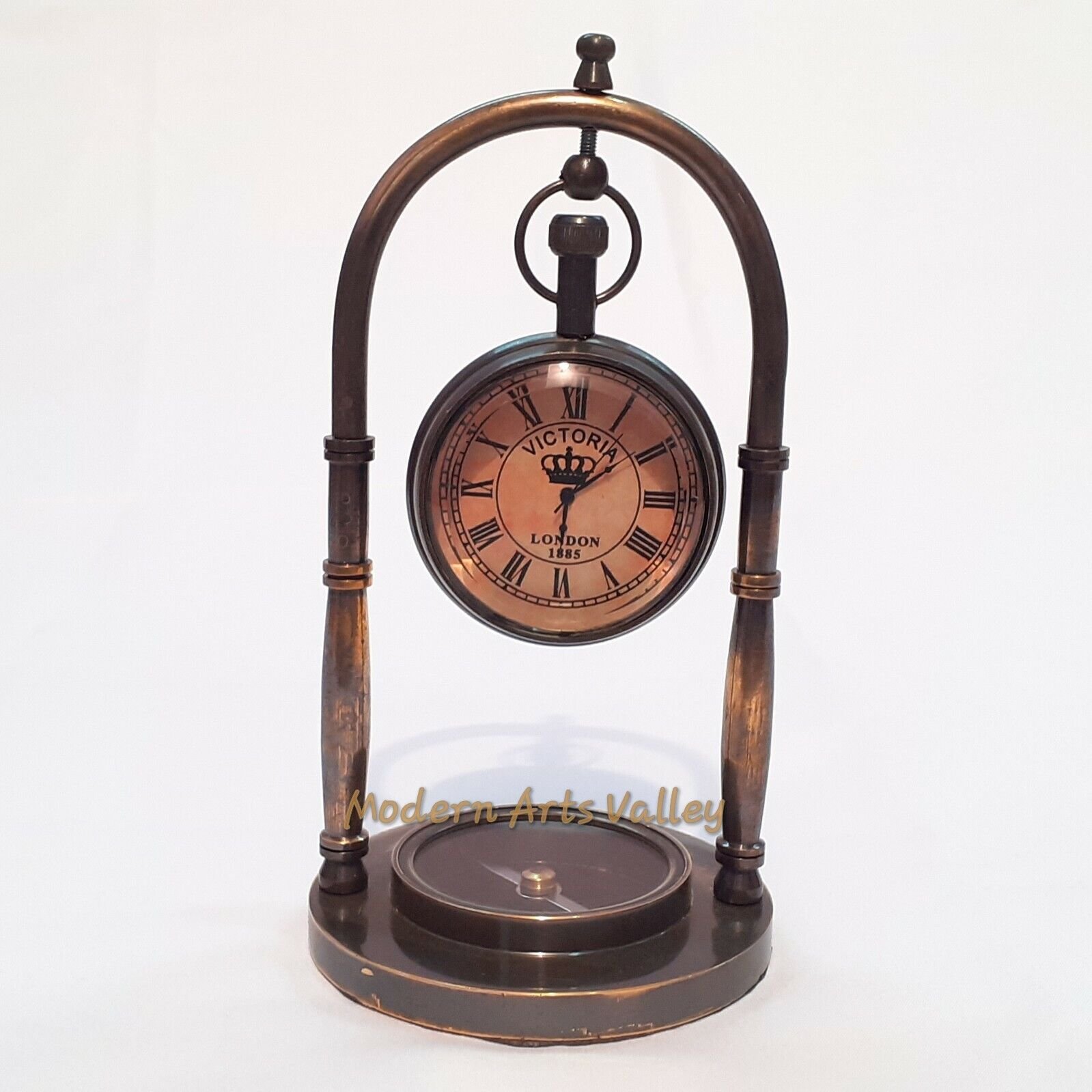 Brass Desk Clock With Base Compass Collectible Decorative Gift
