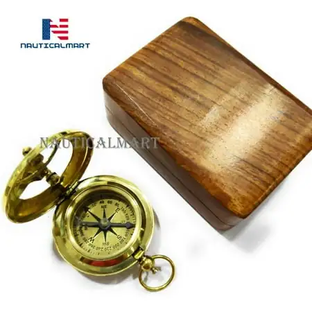 Brass Push Button Direction Sundial Compass with Wooden Box and Chain Beautiful Handmade Gift