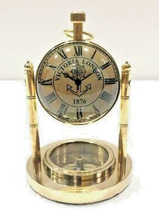 Brass Table Clock Handmade Nautical Vintage Maritime Small Table Watch Compass