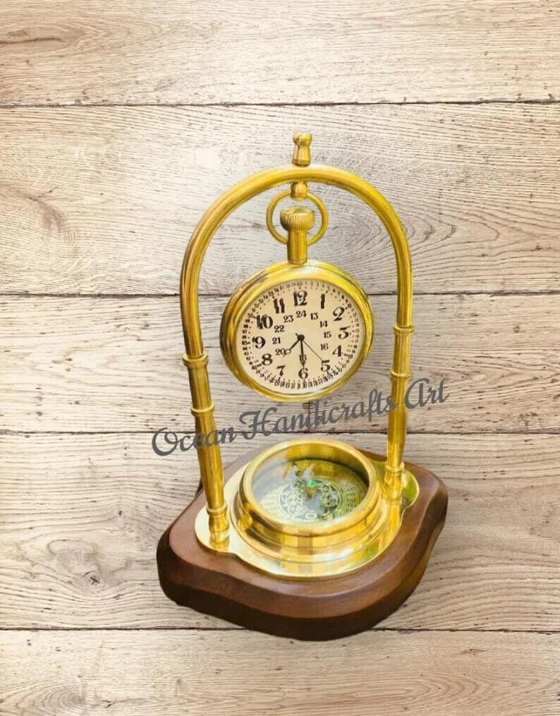Brass Table Clock With Compass Brass Desk Decorative Hanging Clock Gift