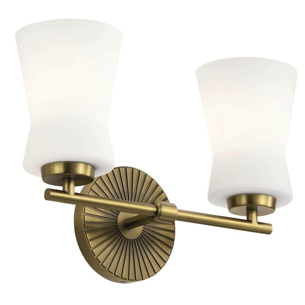 Brianne 14.5 in. 2-Light Brushed Natural Brass Mid-Century Modern Bathroom Vanity Light