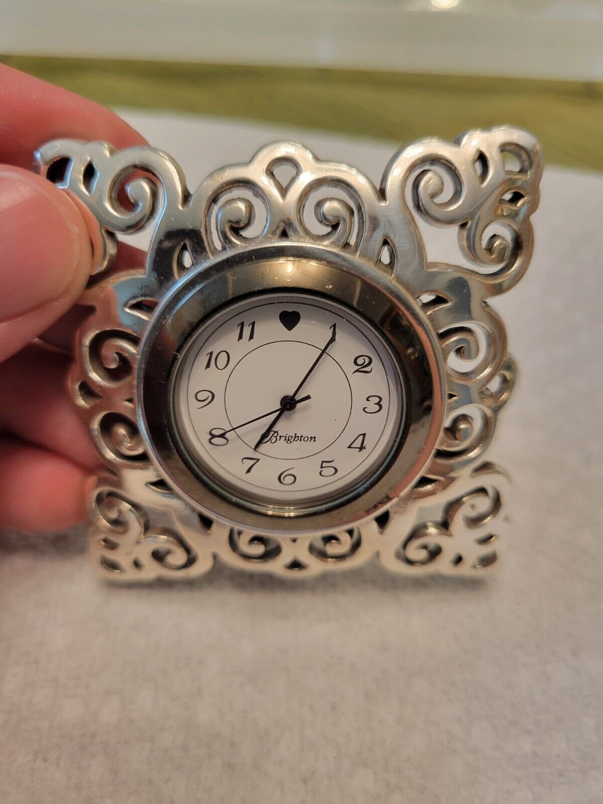 Brighton Desk Clock Silver Tone Scrolled Case Square