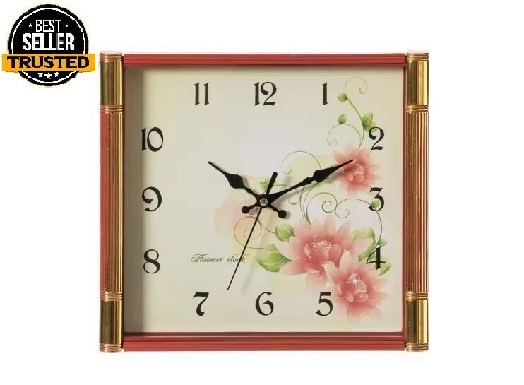 Brown Unique Modern Square Shaped Wall Clock with Floral Design. FREE SHIPPING