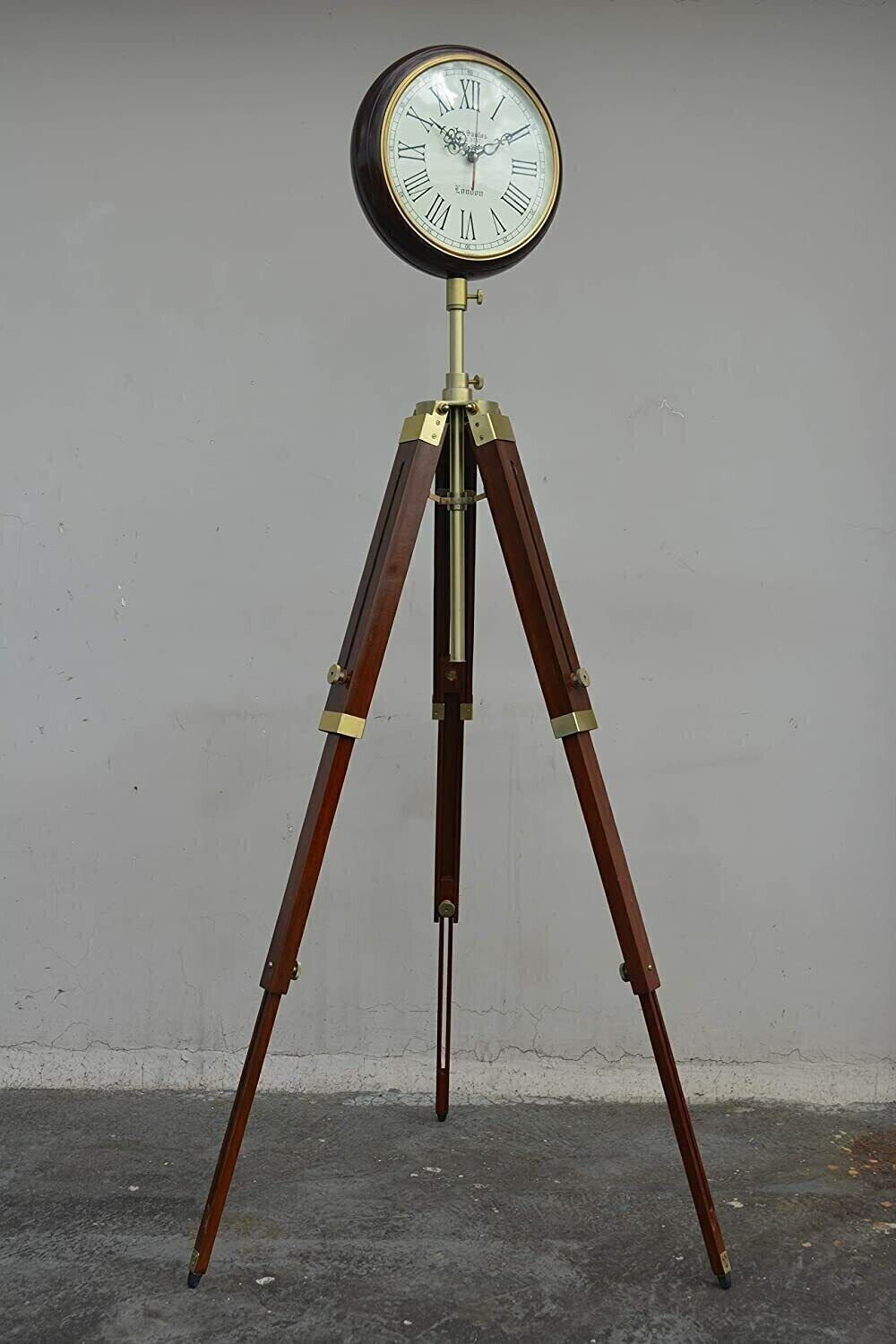 Brown Wood Grandfather Style Floor Clock Vintage Industrial 3 Folding Tripod