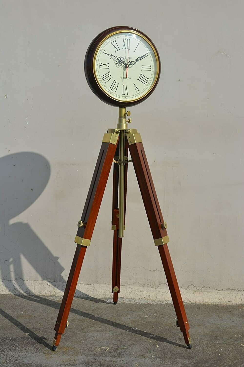 Brown Wood Grandfather Style Floor Clock Vintage Industrial 3 Folding Tripod