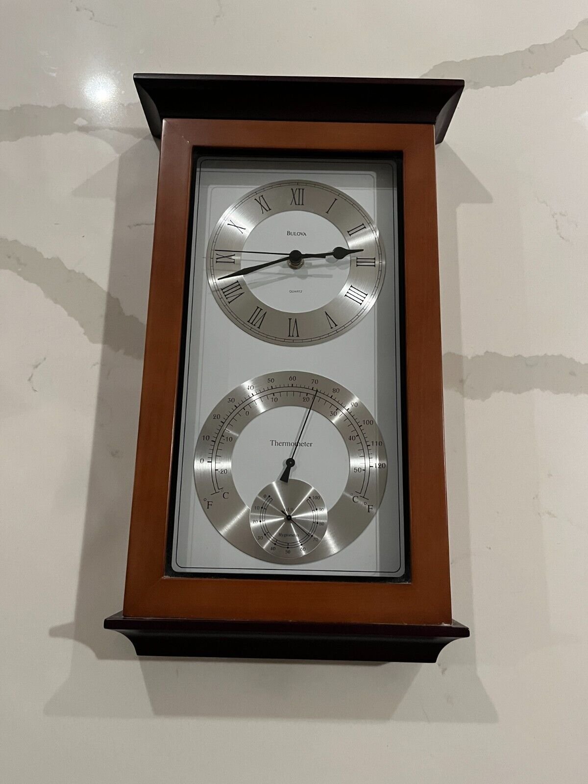 Bulova C3760 Wooden Weather Station Wall Clock Thermometer Hygrometer Wood