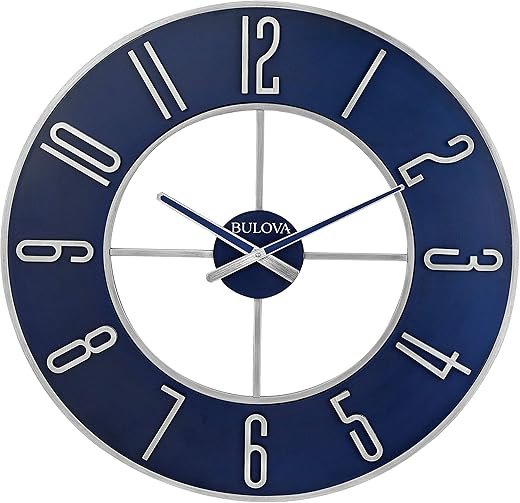 Bulova Blue Steel Oversize Wall Clock |Model C4809, 27" Diameter | Sleek Silver and Blue Finish | Contemporary Design | Battery Operated