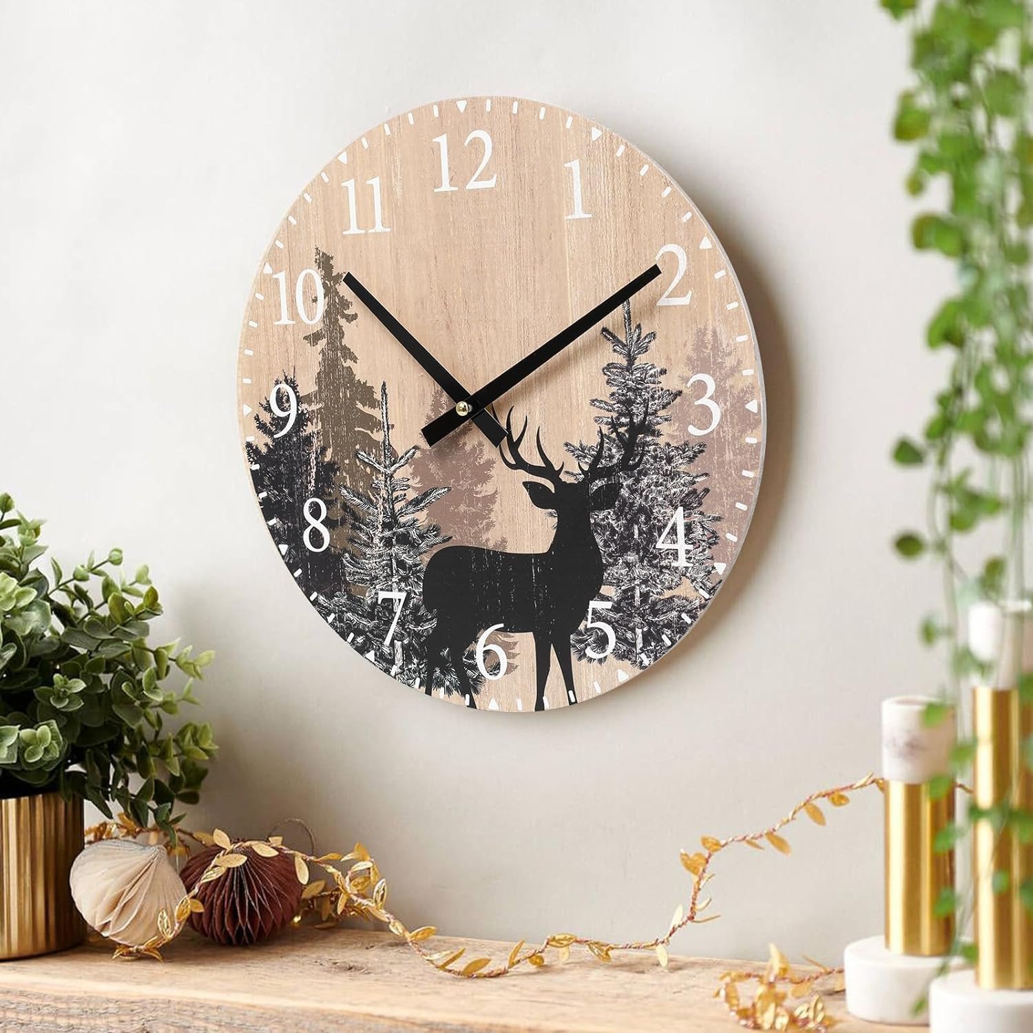 Cabin Deer Wall Clock 12 Inch Silent Non Ticking Clock Wooden Forest Wildlife Mo
