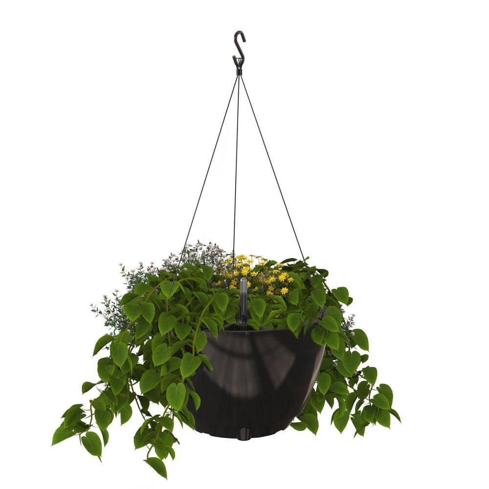 Caprio 14 in. Dia Black Resin Self Watering Hanging Planter
