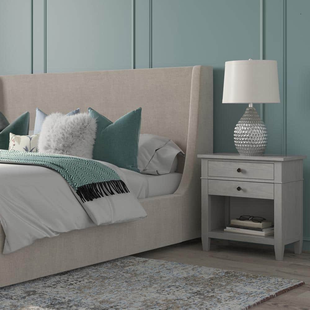 Carlton SOLID WOOD 24 in. Wide Contemporary Bedside Nightstand Table in Fog...