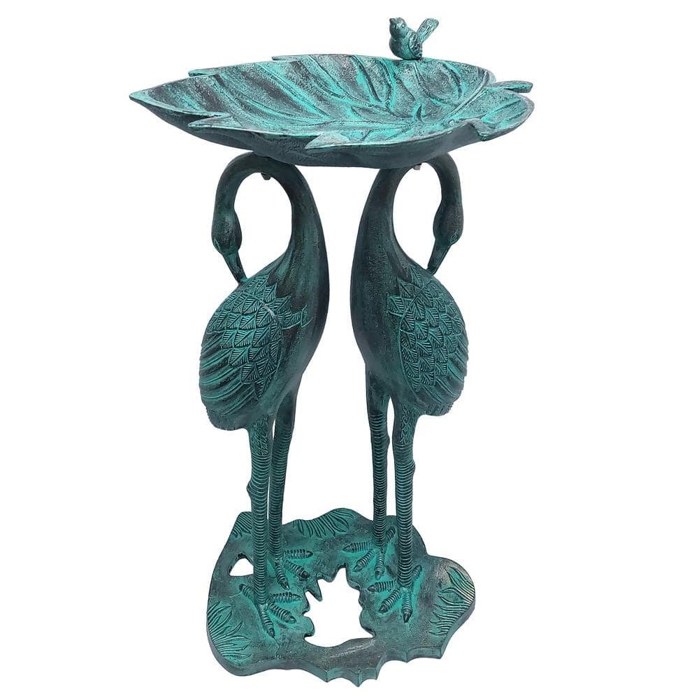 Cast Aluminum 30 in. Twin Crane Black Patina Bird Bath with Leaf...