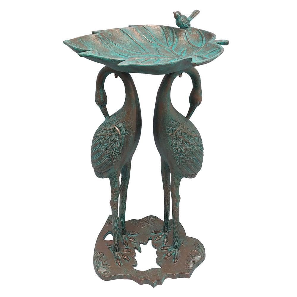 Cast Aluminum 30 in. Twin Crane Copper Patina Bird Bath with Leaf...