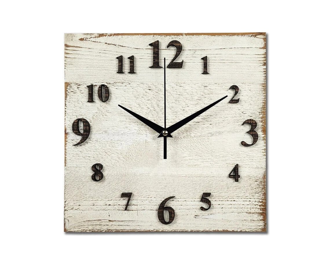 Cedar Clock, Square Distressed White Painted Wall/Mantel Clock. Raised Numbers