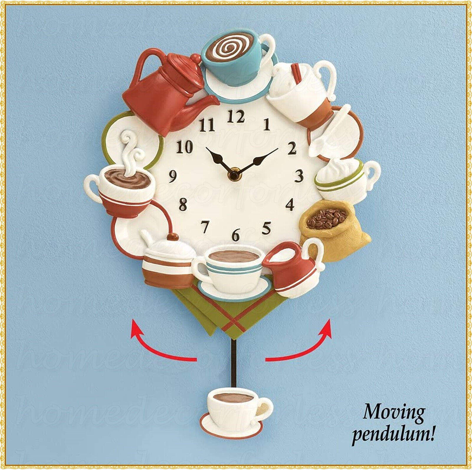 Ceramic Coffee Cup Pendulum Wall Clock Analog Decorative Cafe Kitchen Home Decor