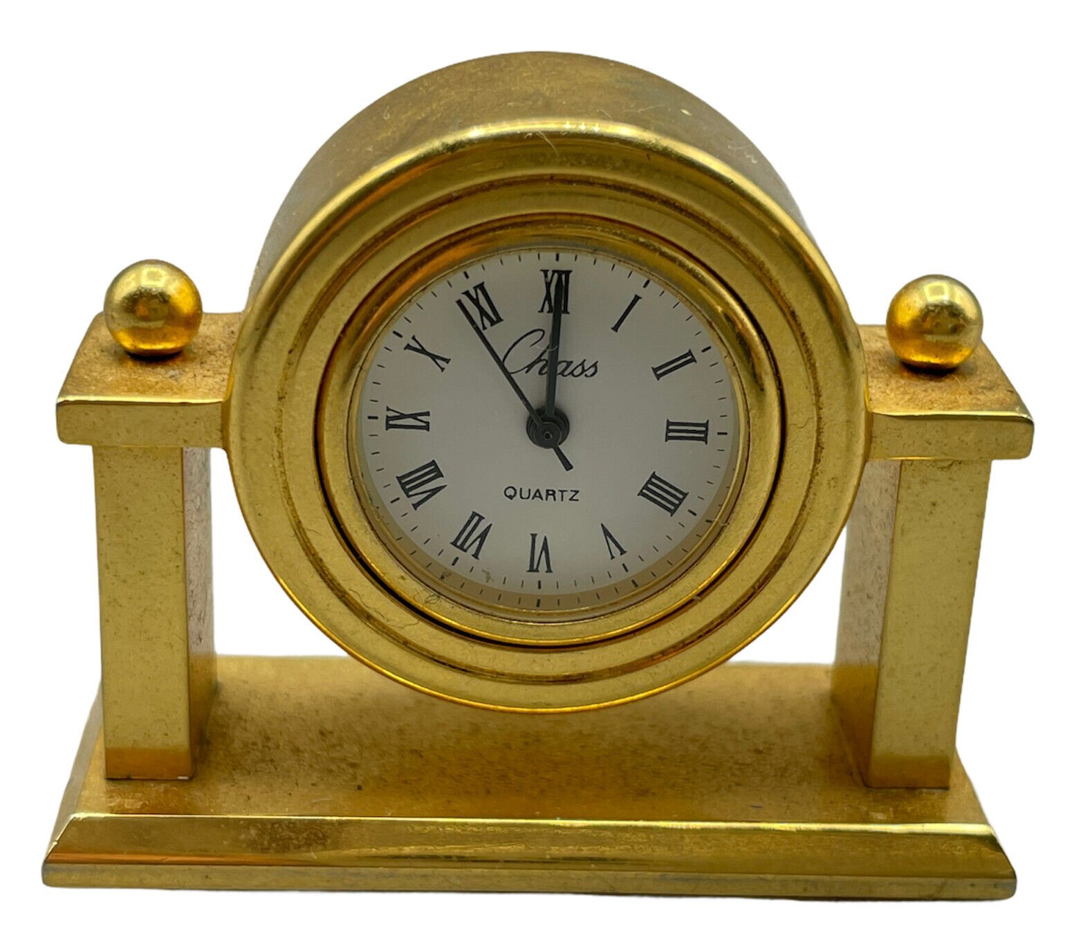 Chass Quartz Gold Tone Desk Clock Vintage Hong Kong Japan Movement Roman Numeral