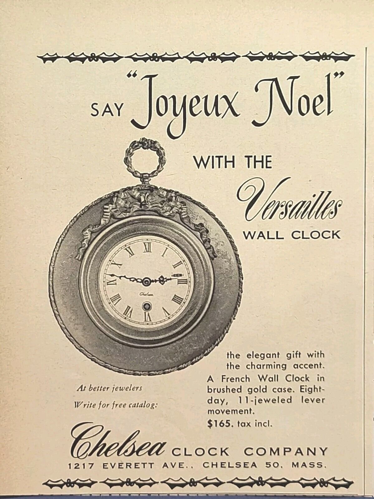 Chelsea MA Clock Co Versailles French Wall Brushed Gold Vintage Print Ad 1957