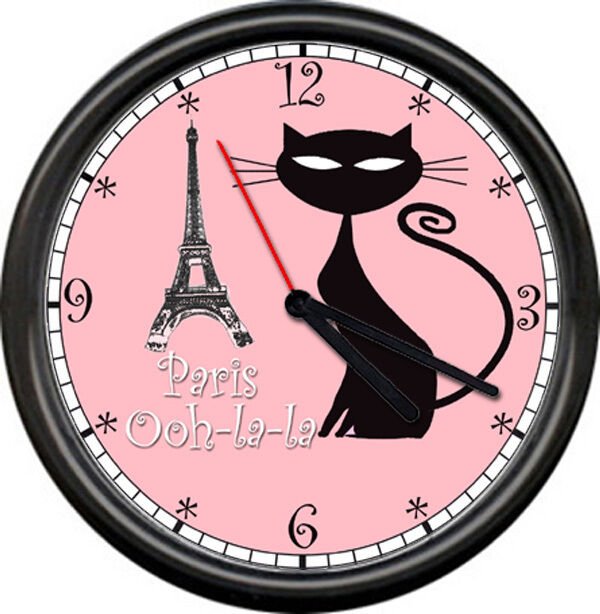 Chic Paris France Shabby Apartment French Kitty Cat Eiffel Tower Wall Clock