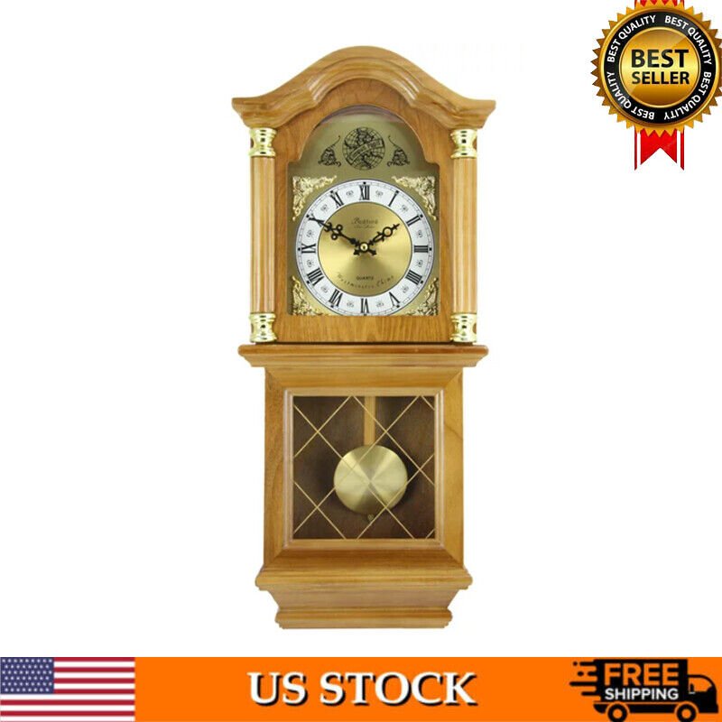 Classic Golden Oak Chiming Wall Clock With Swinging Pendulum Roman Numerals US