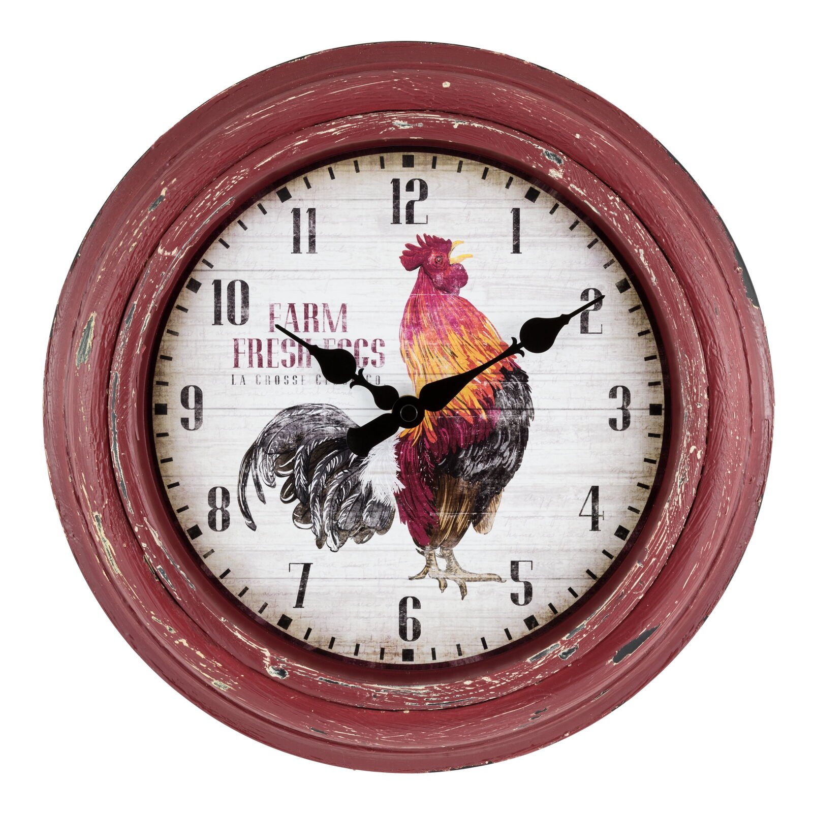 Clock 12-Inch Red Rooster Distressed Quartz Analog Wall Clock, 404-3630