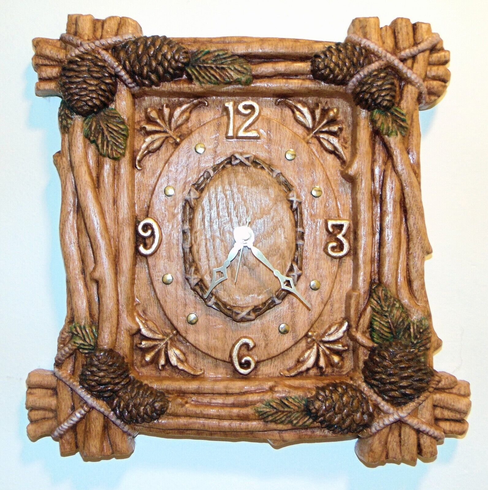 Clock Carved Solid Oak Sticks and Pine Cones
