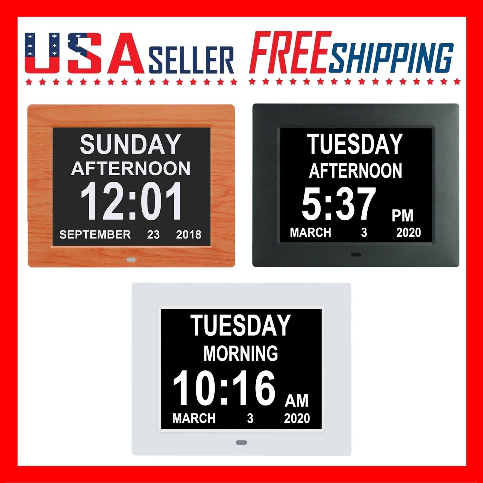Clock Digital Calendar Alarm Day 8" Large Screen Display 5 Alarm Desk Wall Mount