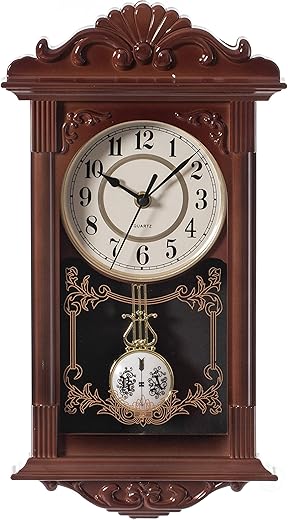 Clockswise Vintage Grandfather Wood Looking Plastic Pendulum Decorative Battery Operated Wall Clock
