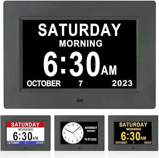 Clock with Day and Date for Elderly -3 Colors Display 12 Alarms Digital Calendar Day Clock Alarm Clock Wall Clock Large Display Dementia Alzheimers Clock Large Digital Clock for Seniors (7 inch Black)