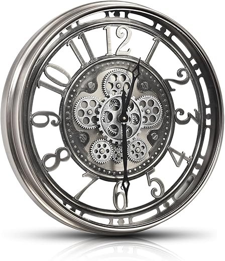 CLXEAST Large Moving Gear Wall Clock,Industrial Steampunk Decor Wall Clock,Decorative Wall Clock for Modern Farmhouse Living Room Decor,Gunmetal Silver Chrome Finish (21 Inch)
