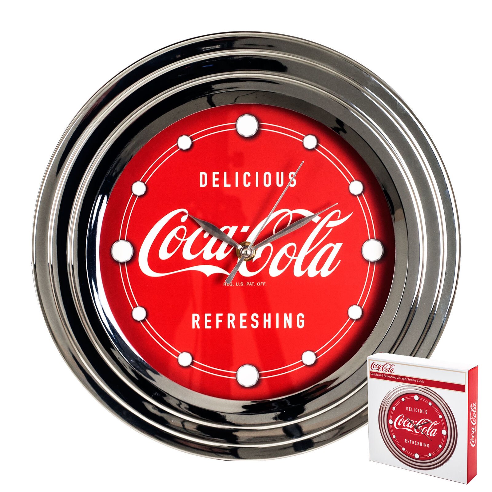 Coca-Cola Clock w/ Chrome Finish Delicious Style 12 inch