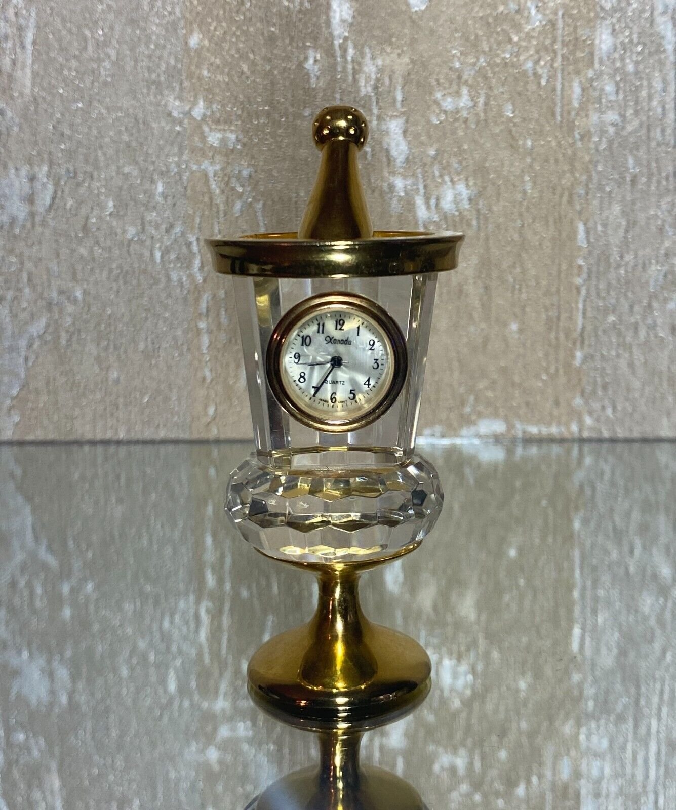 Crystal Brass Quartz Desk Clock in Wine Glass Runs, Keeps Time Made in Japan