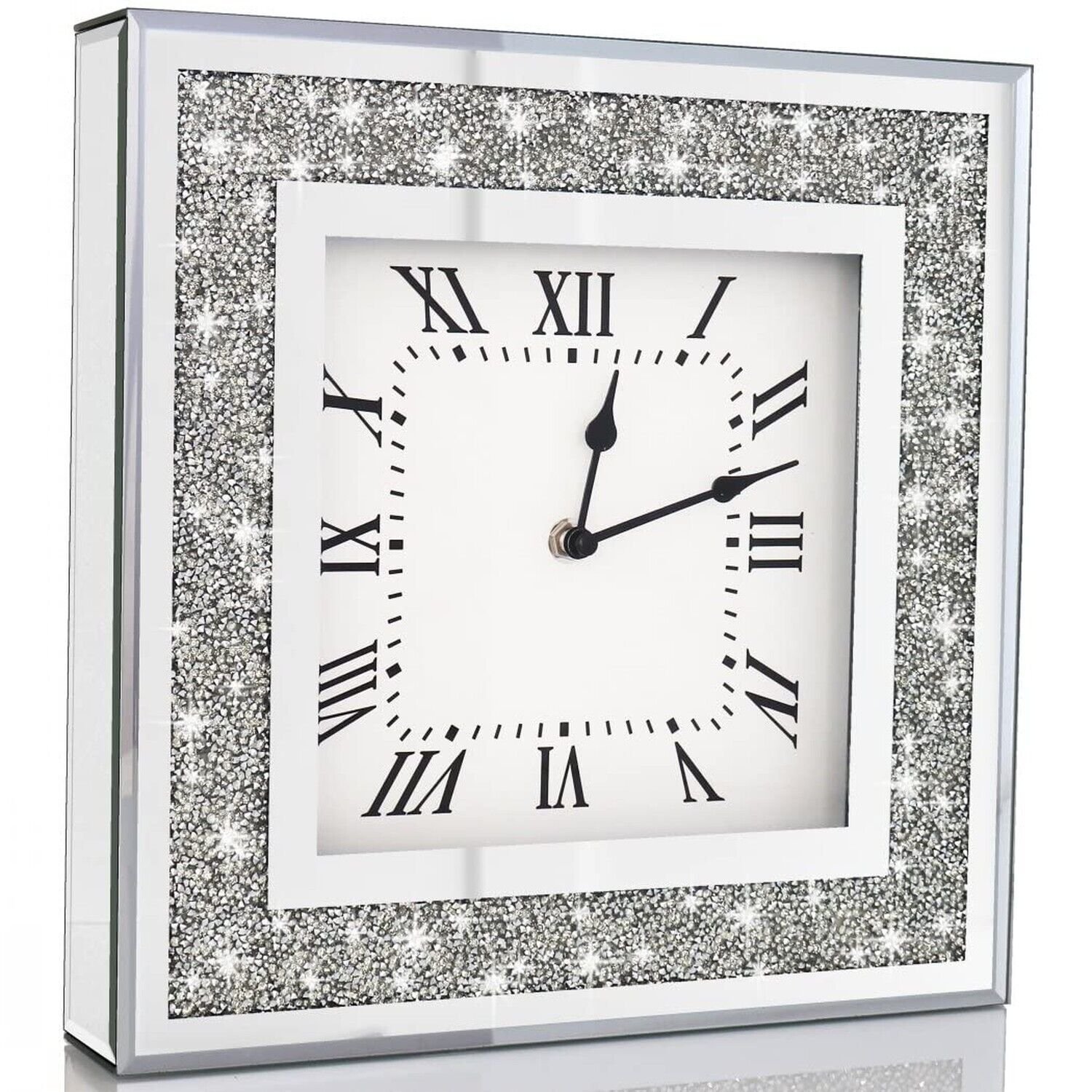 Crystal Crush Diamond Mirrored Square Wall Clock with Sparkle Twinkle Bling D...