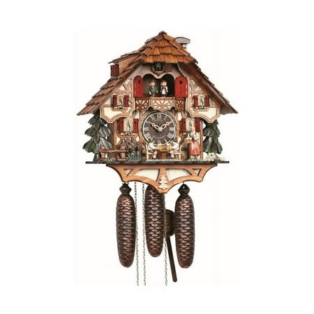 Cuckoo Clock Black Forest house with moving beer drinkers and mill wheel