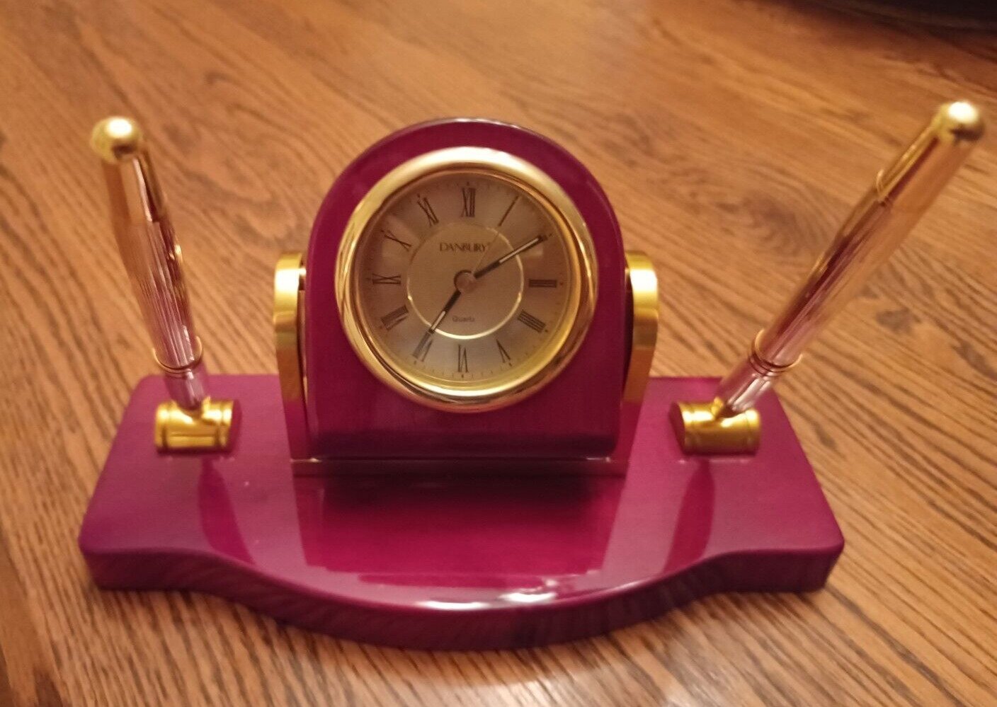 Danbury Executive Quartz Clock & Pen Desk Set - Brass & Glossy Mahogany -EC