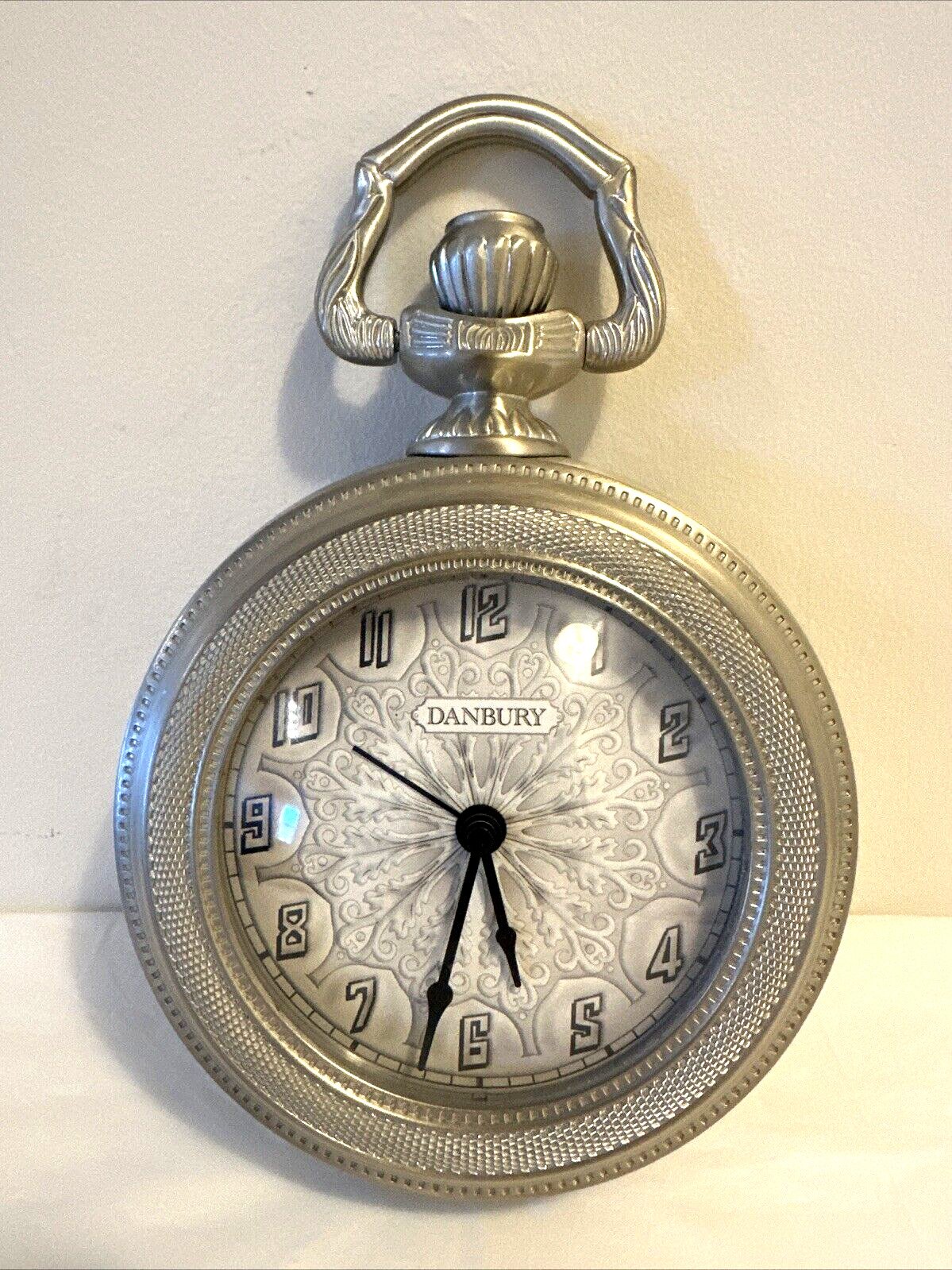 Danbury Wall Clock 9" Silver Metal - Things Remembered Pocket Watch Style - RARE