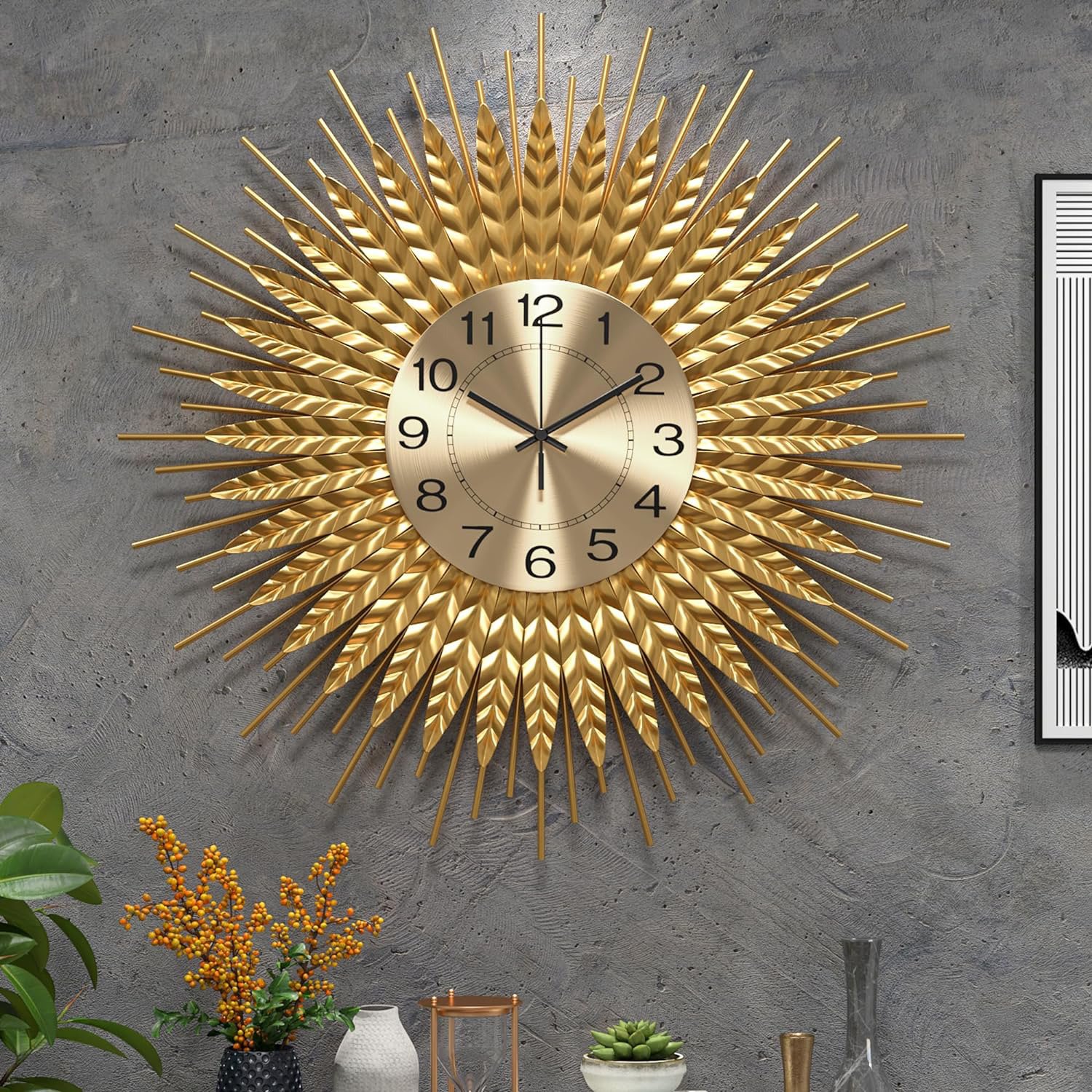 DAYDAYART Modern Large Wall Clock Decorative Metal Mid Century Wall Clocks, Gold