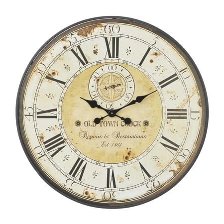 DecMode 32 Brown Wooden Distressed Vintage Style Wall Clock with Black Typography and Roman Numerals