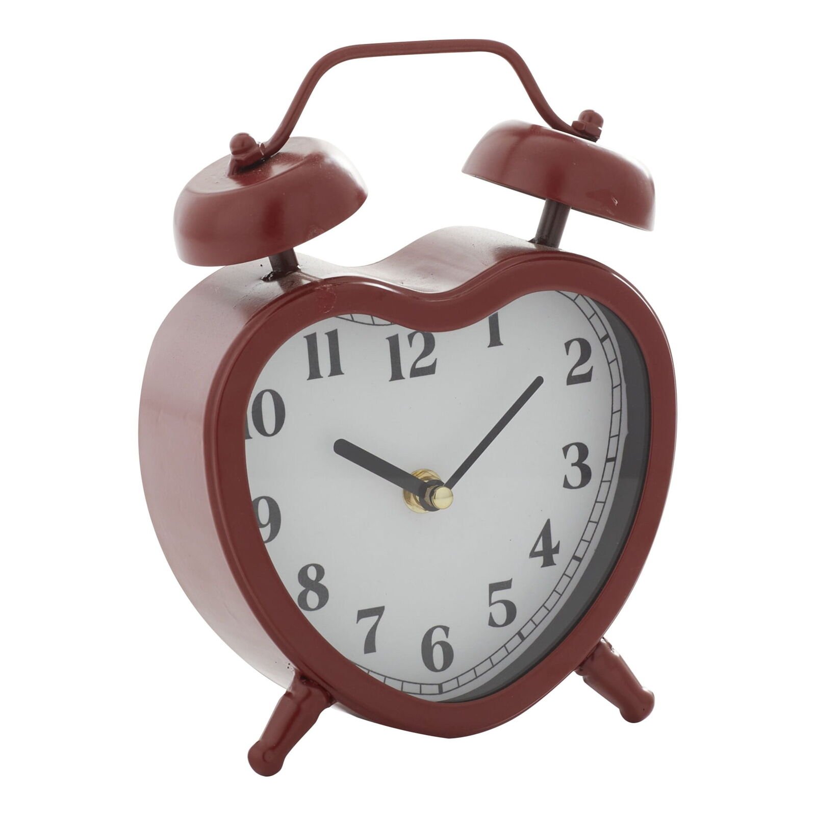 DecMode 8" Red Metal Heart Clock with Bell Style Top Shelf Clocks Living Room