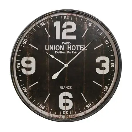 Dec Mode Vintage Black/Brown Distressed Finish Wall Clock, 35 D Features PARIS UNION HOTEL 159 Rue