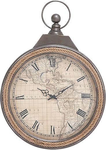 Deco 79 Metal Pocket watch Style Wall Clock with Rope Accent, 21 x 2 x 30, Brown