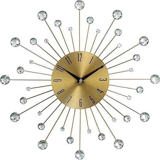 Deco 79 Metal Starburst Decorative Wall Clock With Crystal Accents for Home and Room, 14" x 1" x 14", Gold