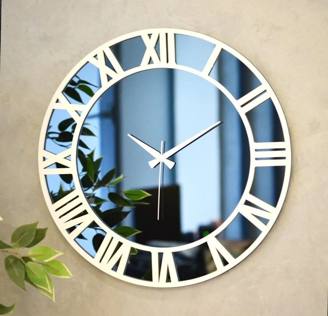 Decorative Real Mirrored Wall Clock Modern Wooden Roman Numeral 46cm Wall Decor