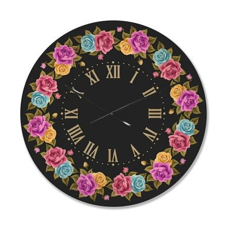 Designart 'Colorful Shabby Chic Vintage Roses' Farmhouse Wood Wall Clock