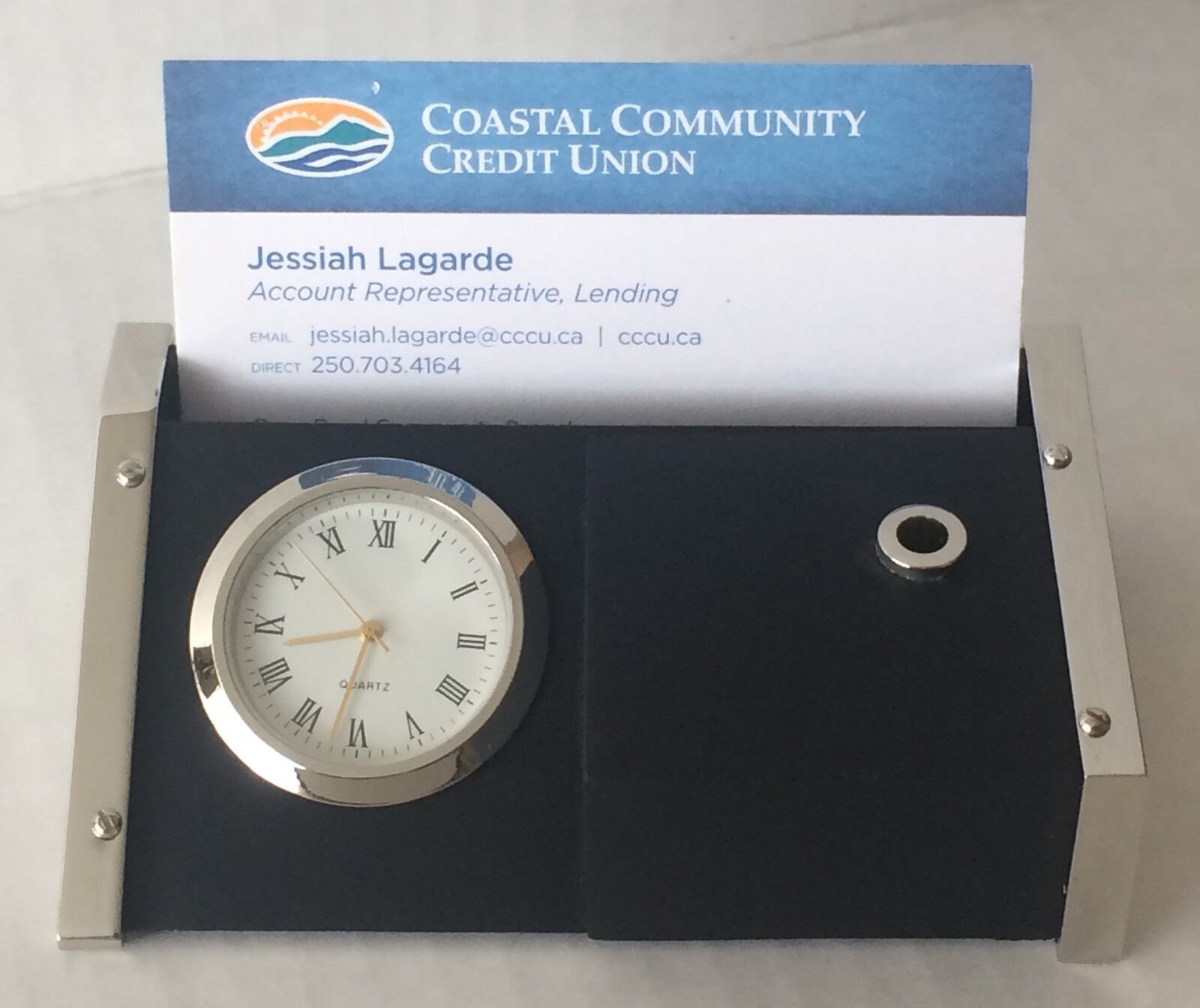Desk Clock With Business Card Holder and Ball Point Pen, New In Box