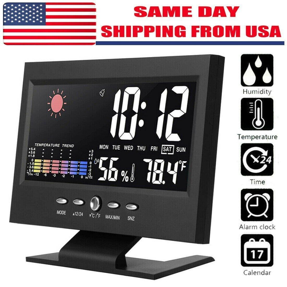 Desk Digital Alarm Clock Weather Thermometer LED Temperature Humidity Monitor