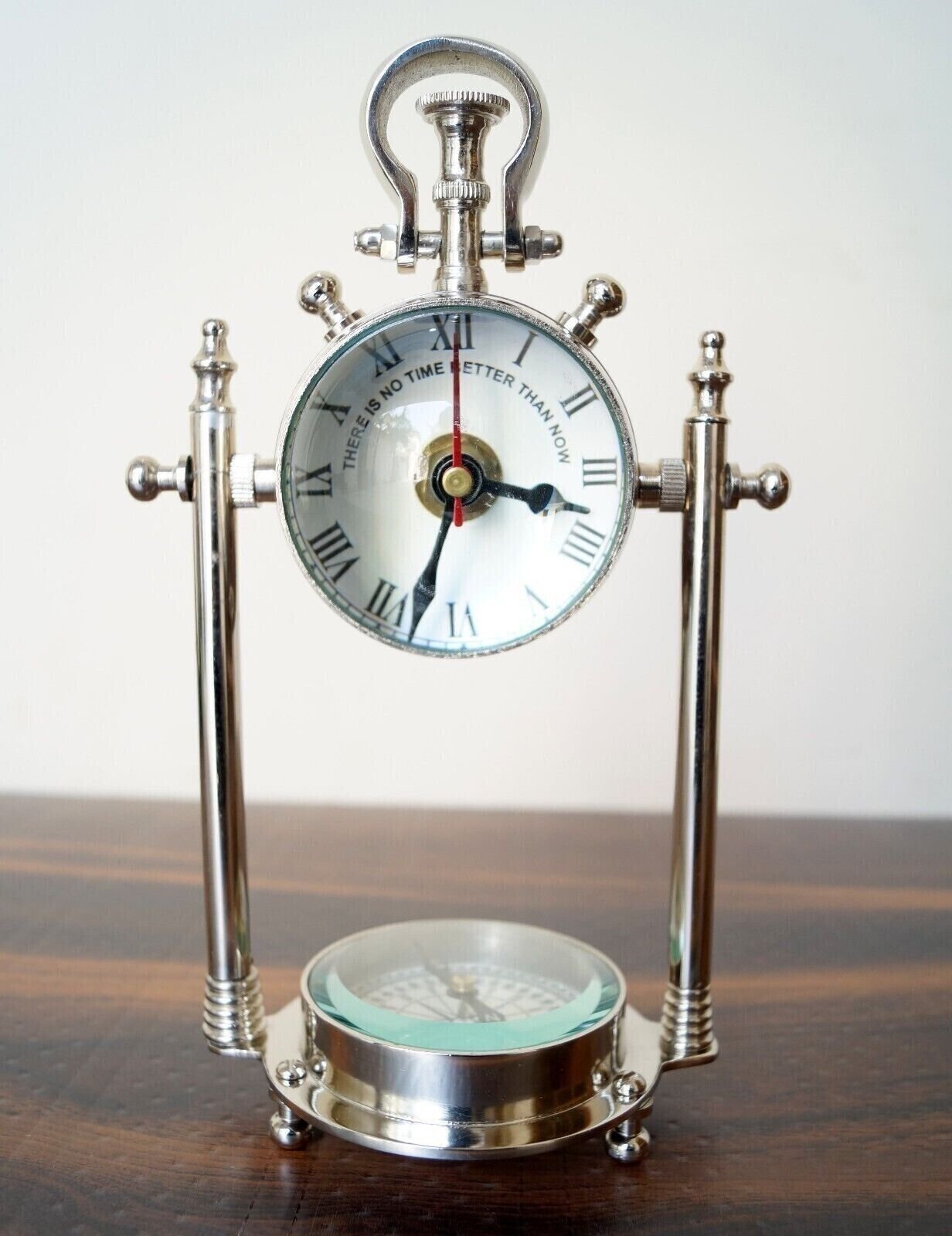 Desktop Chrome Finish Watch w/ Compass Marine Nautical Desk Clock Table Decor