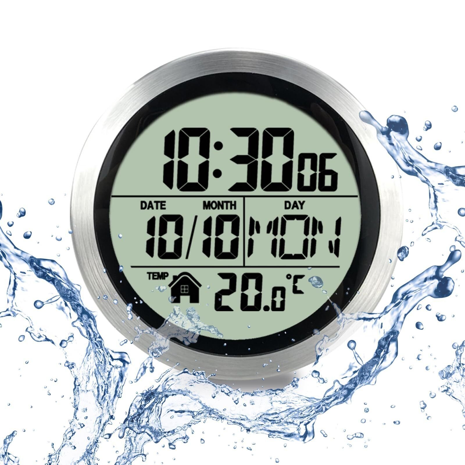Digital Bathroom Waterproof Wall Clock, Indoor Wall Clock with Suction Cup, P...