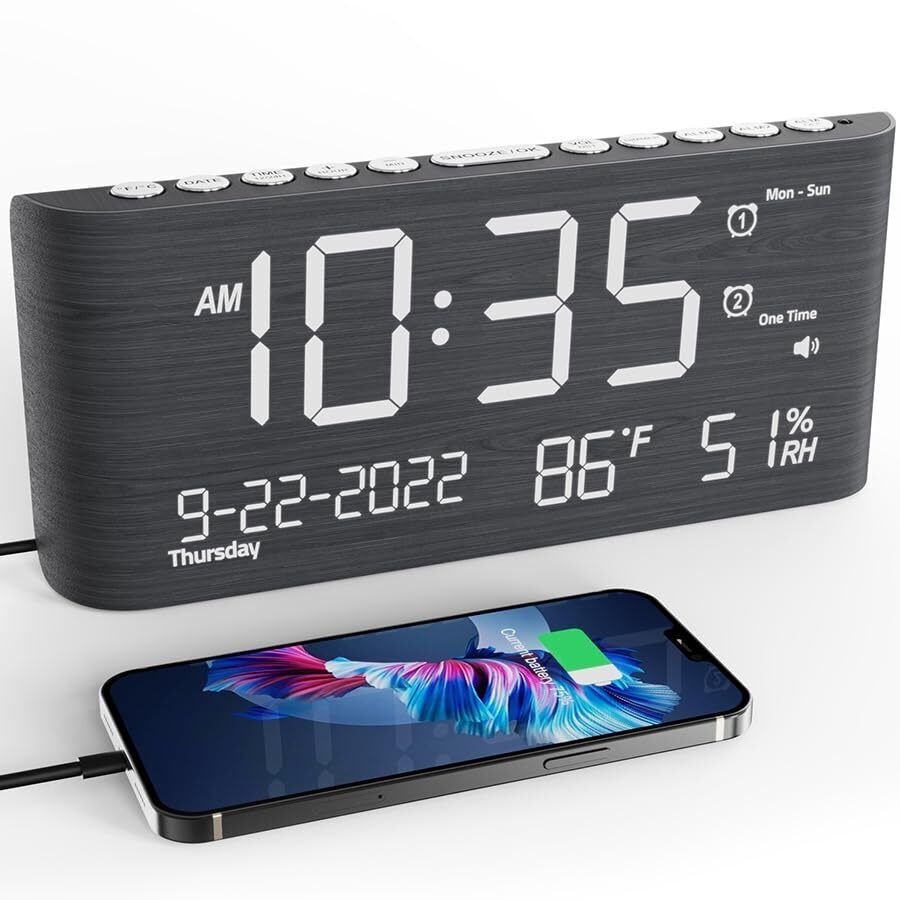 Digital Clocks for Bedrooms, Wooden Alarm Clock with Temperature and Humidity...