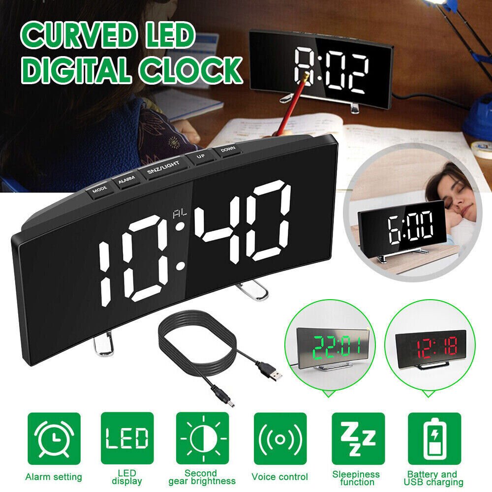Digital Large LED Display Screen Curved Desk Snooze Alarm Clock USB Battery USA