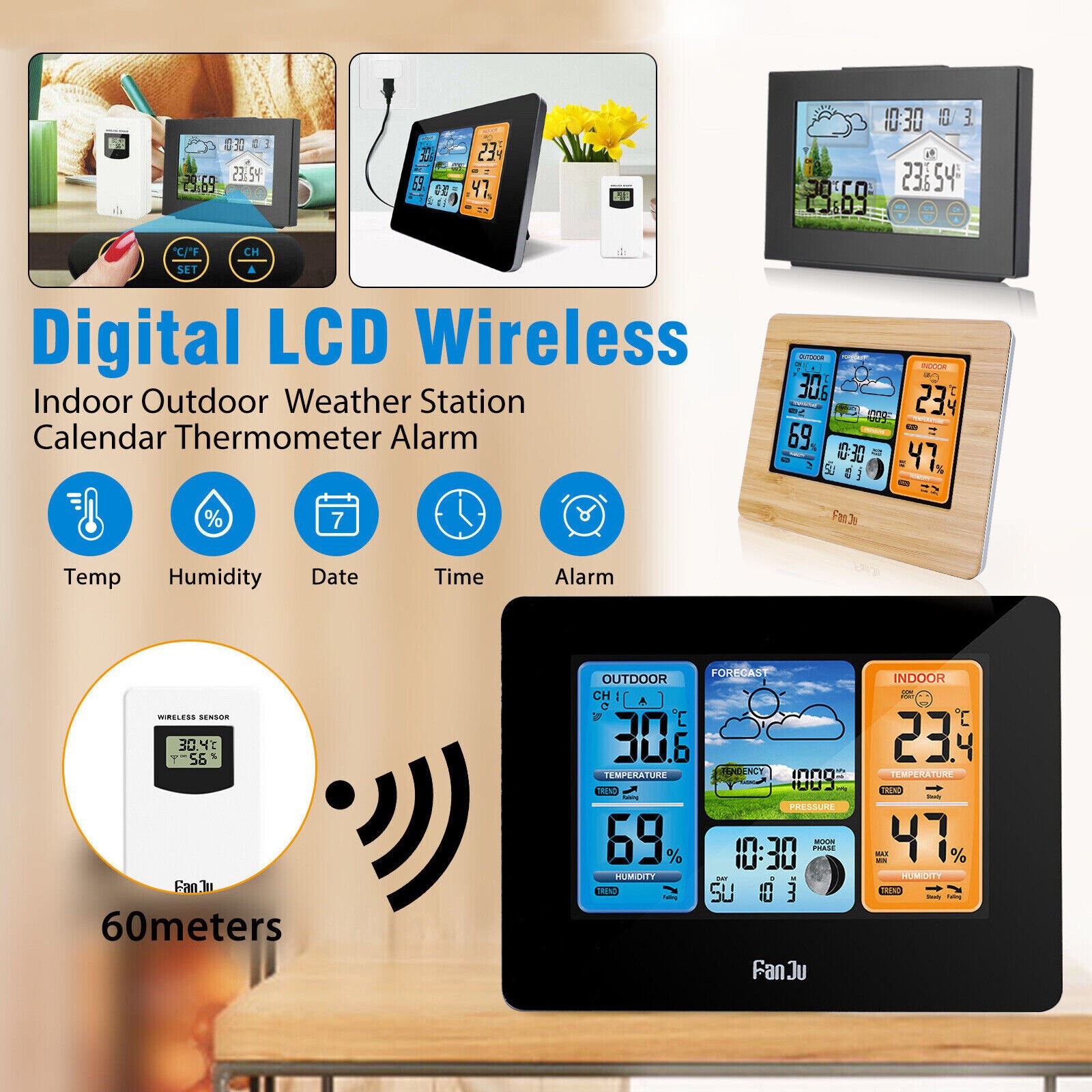 Digital LCD Indoor Outdoor Weather Station Clock Calendar Thermometer Wireless